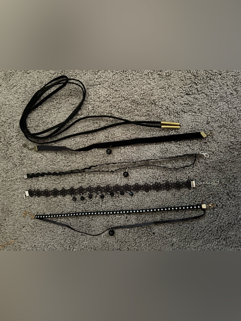 Lot of 5 Various Black Chokers, Beads, Studed, Tie